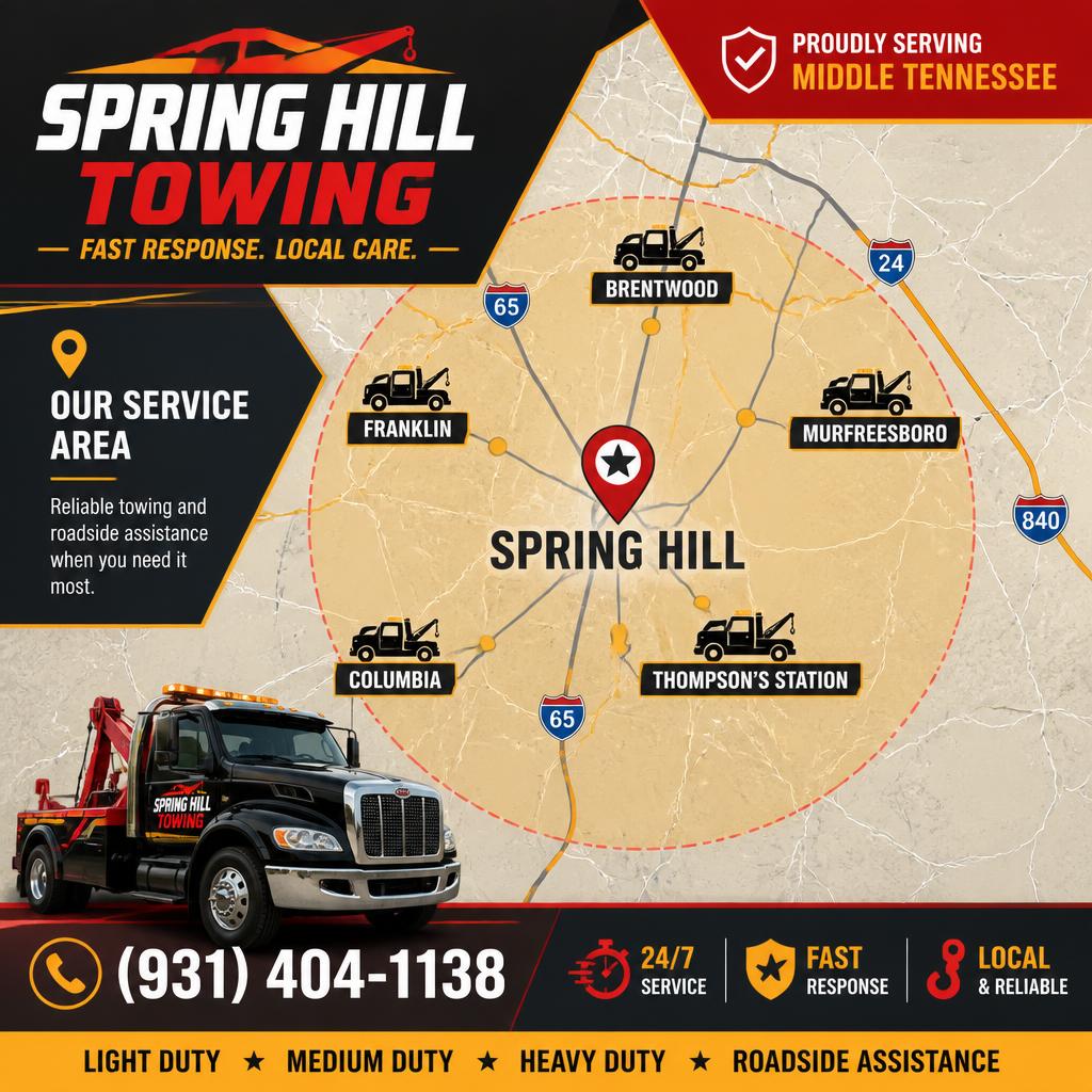 Map showing the towing service areas covered by Spring Hill Towing Service in Middle Tennessee.