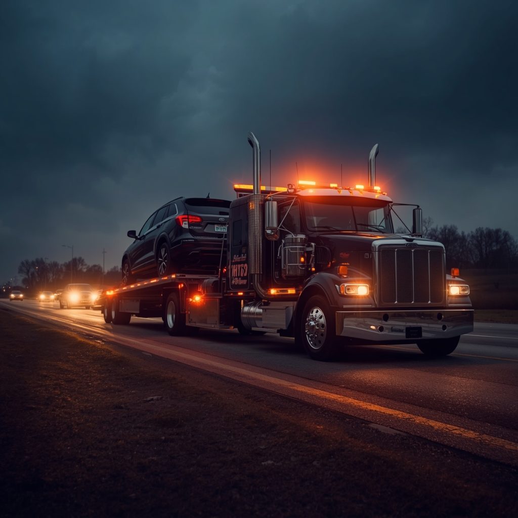 Flatbed tow truck loading a disabled vehicle in Spring Hill, Tennessee.