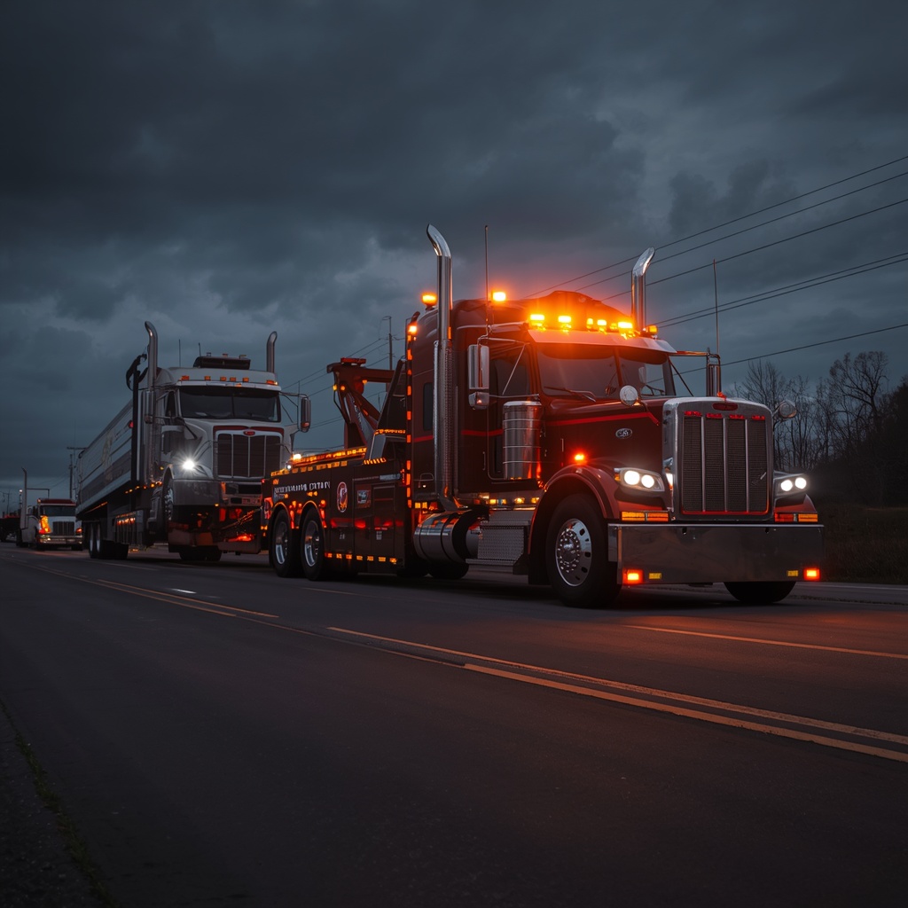 Heavy-duty tow truck towing a commercial semi truck in Middle Tennessee.