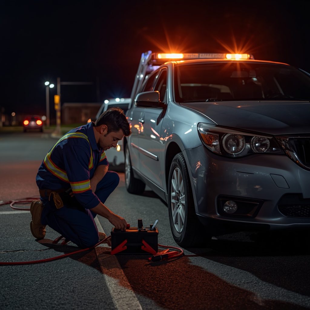 Roadside assistance technician providing a jump start in Spring Hill, Tennessee.