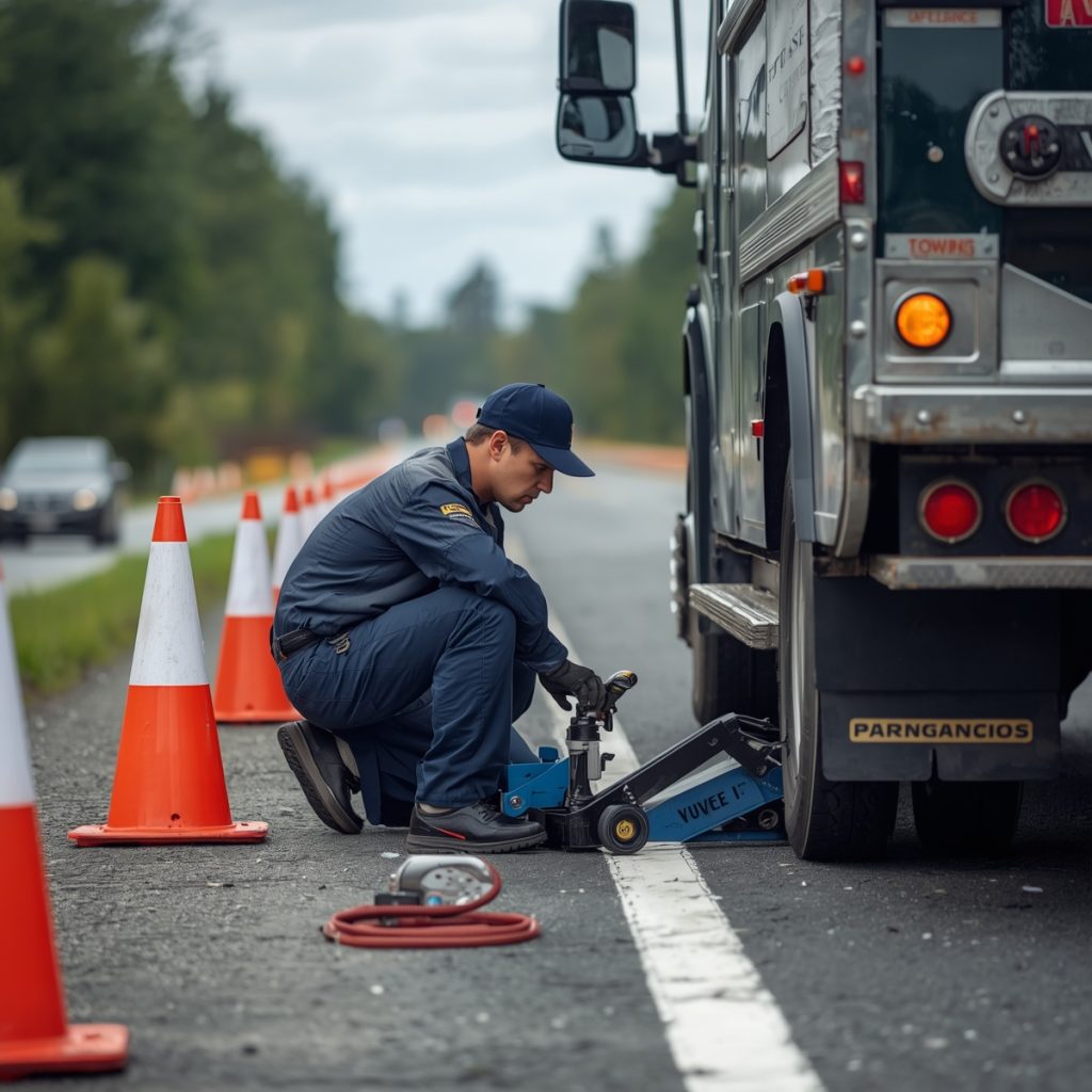 Roadside assistance technician changing a flat tire in Spring Hill, Tennessee.